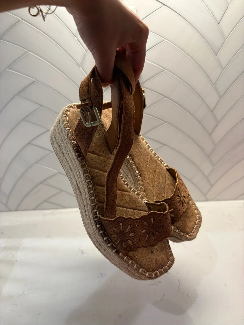 Crown Vintage Tan Suede Floral Cutout Espadrille Wedge Sandals